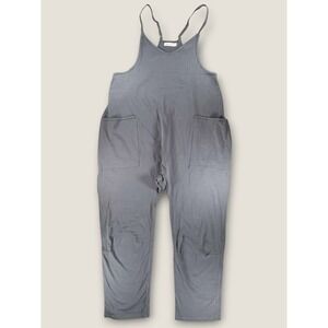 OUFEIYA Gray V-Neck Harem Jumpsuit Overalls Pockets Size L Large Yoga Boho